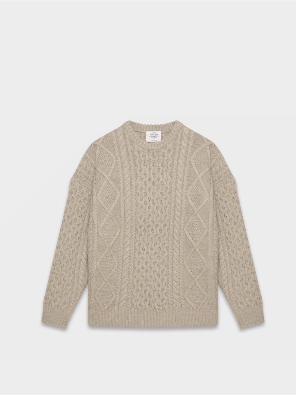 Aritzia Sz M Heritage Knit Tan Grey Merino Wool Cable Knit Fisherman Sweater